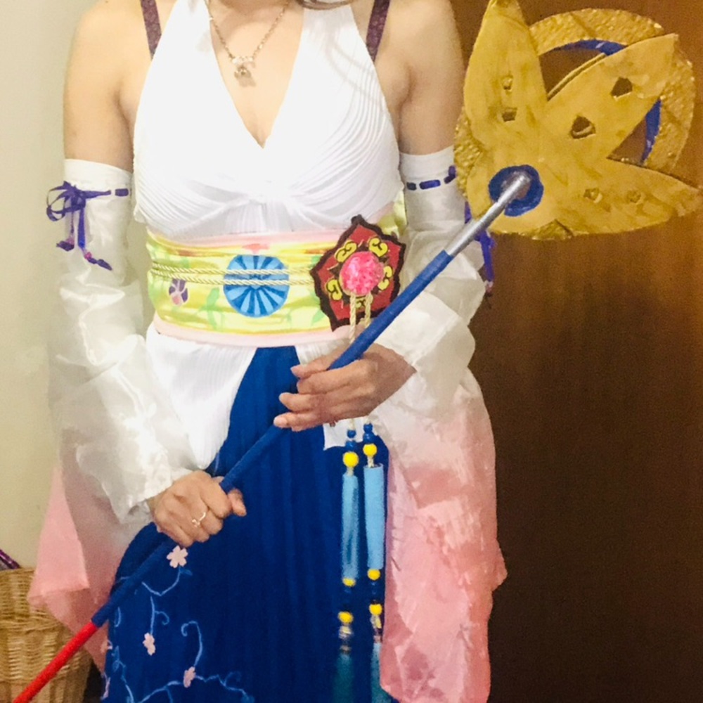 Blue and White Final Fantasy Yuna Costume with Pink and Gold Accents